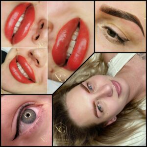 4 pictures with effects of permanent makeup, red lips eyeliner makeup smily woman