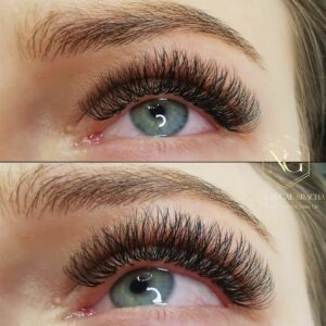 two pictures with long lashes made with lash extension method russian lashes